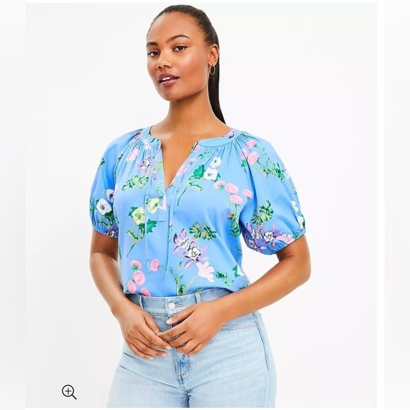 LOFT Garden Tie Neck Puff Sleeve Top Blue Size M - Picture 1 of 15